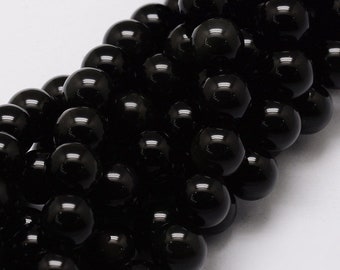 Natürlicher Obsidian Perlenstrang 8 mm rund glatt glänzend (ca. 46 Perlen / ca. 36,5 cm Länge)