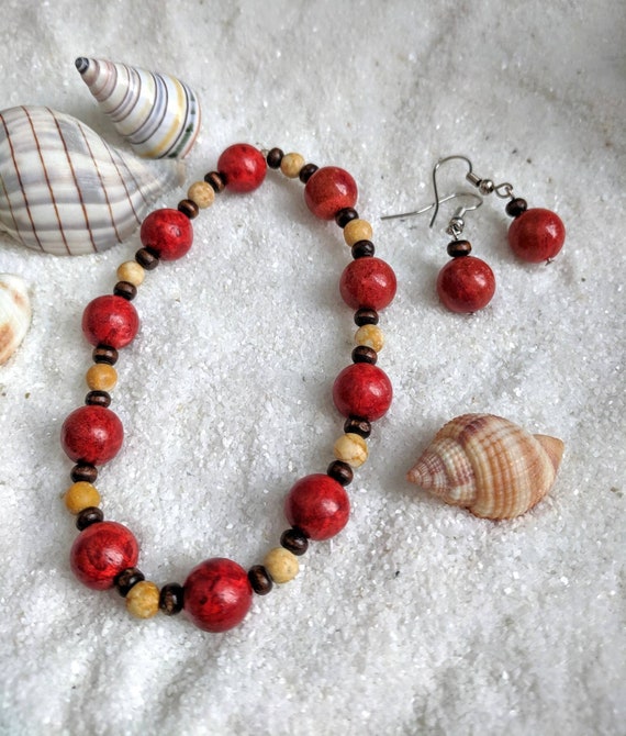 Sponge coral beaded necklace and earrings set  natural vibrant orange red sponge coral beads and Tibetan silver spacer beads