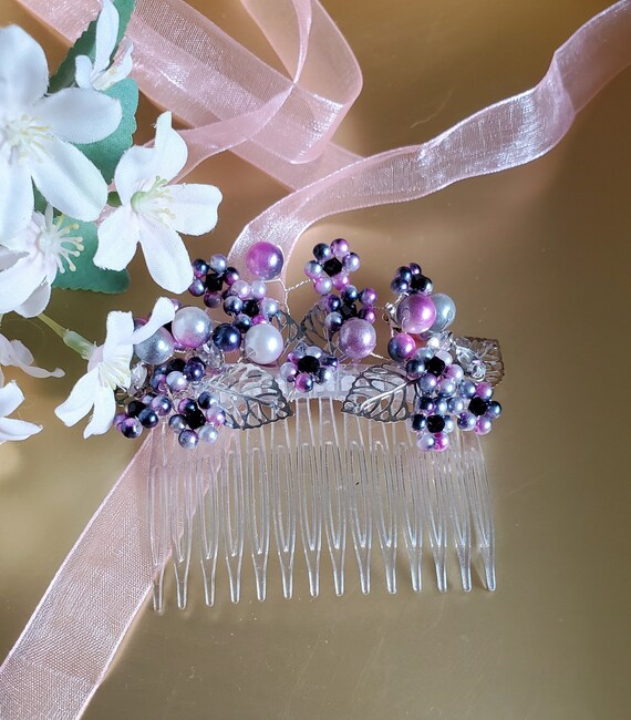 Elegant Handwoven Bridal Hair Comb- Purple & Silver Pearl  display picture 1