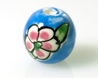 3x Keramik Blume Kugel blau 20mm, Loch 5mm