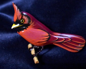 Takahashi Lacquered Cardinal Pin - Vintage Small Brooch - Bird Lover - Hand Painted Carved Lacquered Wood Pin | FREE SHIPPING