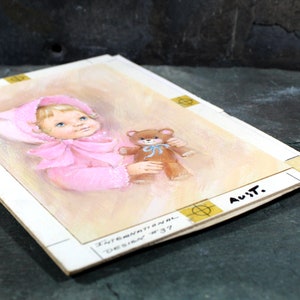 VERY RARE ORIGINAL Gouache Painting by Artist Fran Ju 1960s Original Rust Craft Greeting Card Art Baby in Pink with Teddy Bear image 8