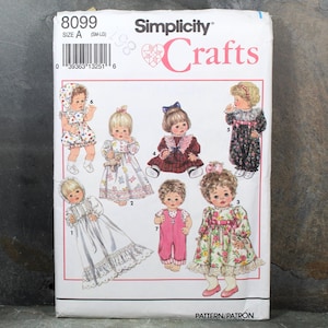1992 Simplicity Crafts #8099 Baby Doll Clothes Pattern | Size A | Vintage Doll Clothes Sewing Pattern | Partially Cut & Factory Folded