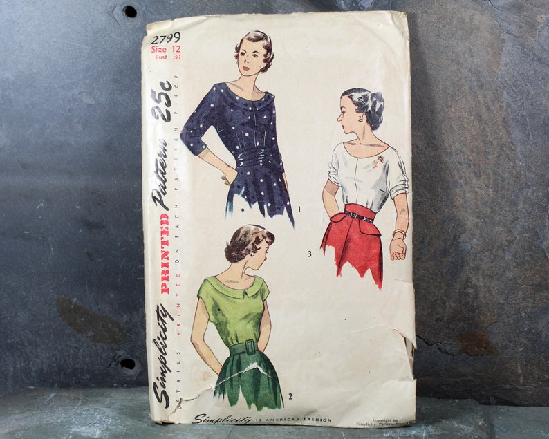 1949 Simplicity 2799 Blouse Pattern Size 12, Bust 30 Cut, Complete Pattern Bixley Shop image 1