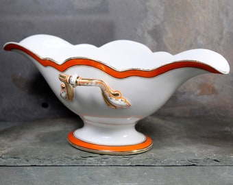 Antique Porcelain Gravy Boat - Richard Briggs Boston - Art Deco - Orange & Gold Design - Gorgeous Scalloped Gravy Bowl | Bixley Shop