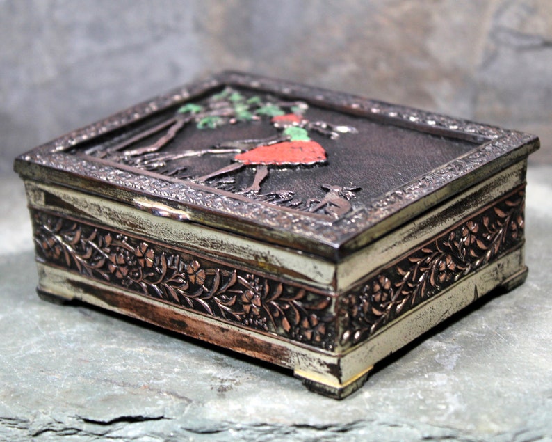 Japanese Metal Box with Wood Lining Made in Japan Girl in Garden Copper Plated Trinket Box Bixley Shop image 10