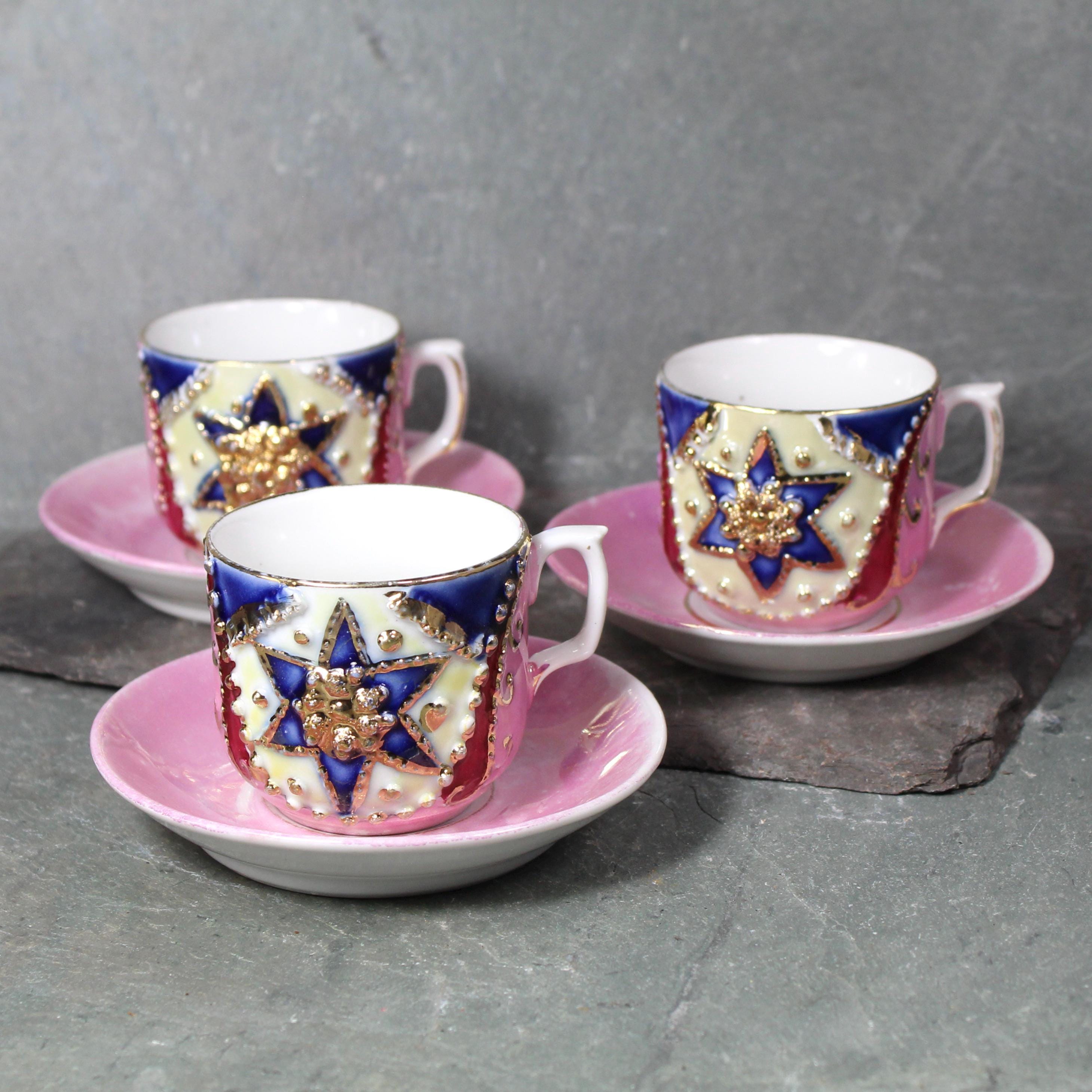 German Pink Molded Pink Lustreware Cups & Saucers Set of 3