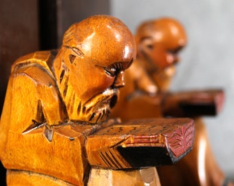 Vintage Asian Monk Hand-Carved Wooden Bookends | Asian Wise Men Bookends | Gift for Readers | Library Decor | Bixley Shop