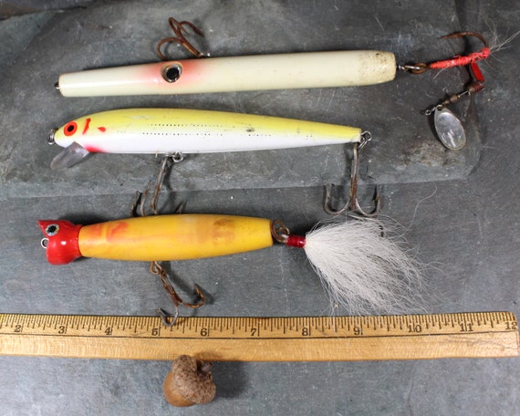 Set of 3 Vintage Large Fishing Lures | Circa 1950s | 1 Wooden and 2 Plastic Large Fishing Lures | Bixley Shop Set of 3 Vintage Large Fishing Lures | Circa 1950s | 1 Wooden and 2 Plastic Large Fishing Lures | Bixley Shop