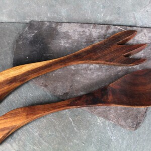 Mid-Century Solid Wood Serving Fork and Spoon Possibly Walnut Vintage Table Bixley Shop image 10