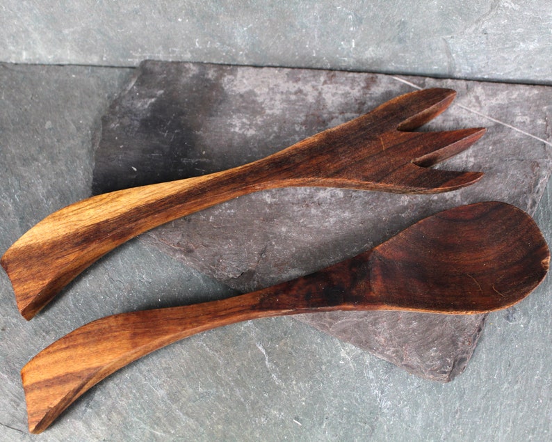 Mid-Century Solid Wood Serving Fork and Spoon Possibly Walnut Vintage Table Bixley Shop image 10
