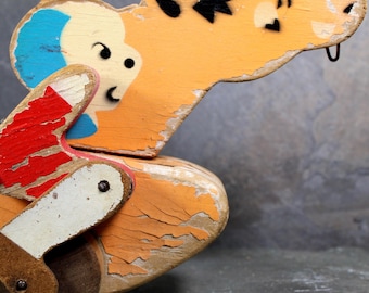 POUR LES COLLECTIONNEURS DE JOUETS ! Cheval en bois vintage avec cavalier Pull Toy - Cheval en bois classique avec Puppy Rider - Jouet à tirer préscolaire | Boutique Bixley