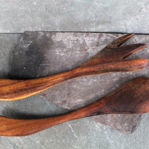 Mid-Century Solid Wood Serving Fork and Spoon Possibly Walnut Vintage Table Bixley Shop image 8