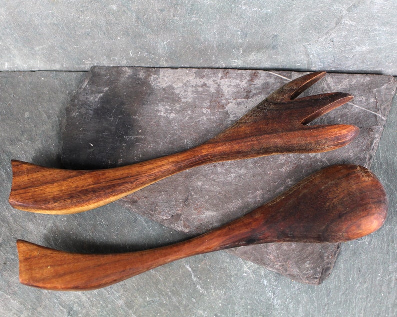 Mid-Century Solid Wood Serving Fork and Spoon Possibly Walnut Vintage Table Bixley Shop image 8