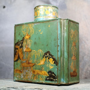 d Antique Chinese Tea Tin Green and Gold Tin with Cap Vintage Tin Bixley Shop zdjęcie 3
