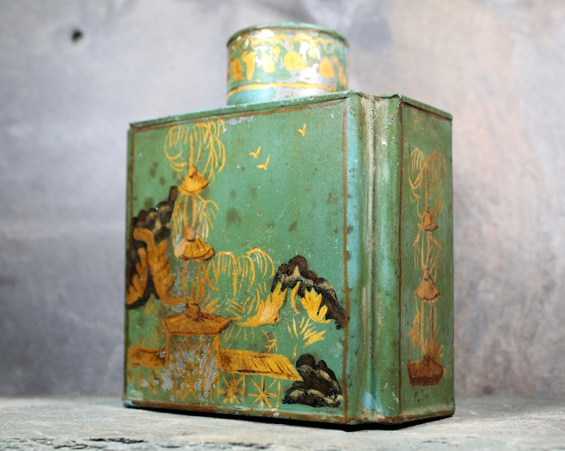 d Antique Chinese Tea Tin Green and Gold Tin with Cap Vintage Tin Bixley Shop zdjęcie 3