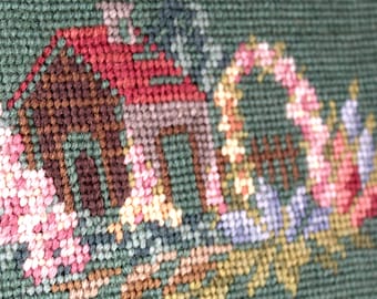 Vintage Framed Needlepoint | Classic Pastoral Cabin Scene | Bixley Shop