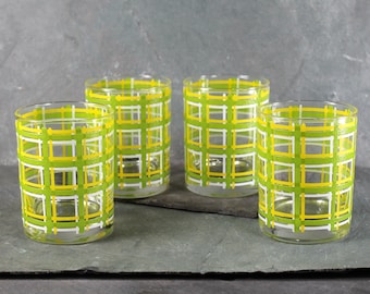 Old Fashioned Glasses | Mid-Century circa 1960s | 12 Oz Glasses | Green Yellow & White Plaid Patterned Low Ball Glasses | Rocks Glasses