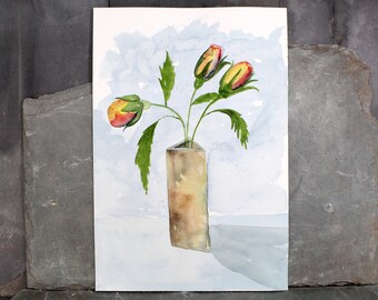 Acquerello originale di Julia Blackbourn - Acquerello originale non firmato con dipinti su entrambi i lati: "Tulipani" e "Persone" - SENZA CORNICE