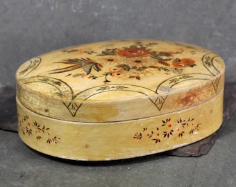 Vintage Lacquered Oval Shaped Floral Paper Maché Embroidery or Trinket Box | Keepsake Lidded Box | Made In Japan | Bixley Shop
