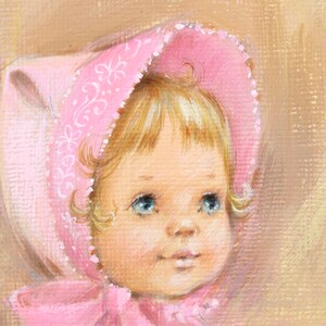 VERY RARE ORIGINAL Gouache Painting by Artist Fran Ju 1960s Original Rust Craft Greeting Card Art Baby in Pink with Teddy Bear image 3