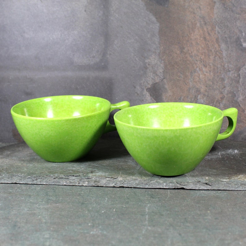 Set of 2 Mid-Century Melmac Cups in Celery Green Color-Flyte Bright Green Cups Bixley Shop image 1