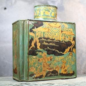 d Antique Chinese Tea Tin Green and Gold Tin with Cap Vintage Tin Bixley Shop zdjęcie 2