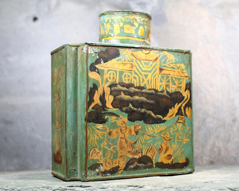 d Antique Chinese Tea Tin Green and Gold Tin with Cap Vintage Tin Bixley Shop zdjęcie 2