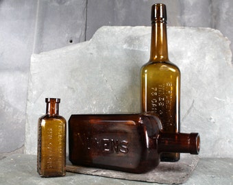 Set of 3 Antique Bottles | Brown Bottle Set | S Rosenthal & Co, Nuyens, Bryant's Root Beer | Decorative Bottle Set | Bixley Shop