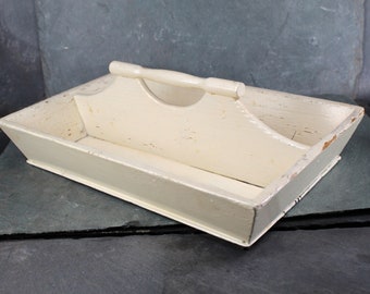 Painted Wooden Tray with Handle | Vintage Wooden Tray with Carrying Handle | Vintage Gardener's Tool Box | White Tray | Bixley Shop