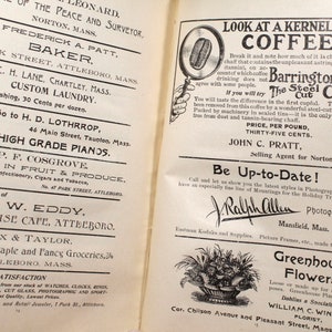 May include: An open book page with vintage advertisements. Text includes business names, services, and product descriptions. The page is aged with a yellowed tone, featuring various fonts and illustrations.