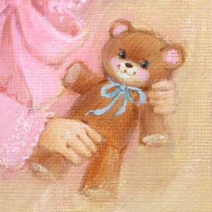 VERY RARE ORIGINAL Gouache Painting by Artist Fran Ju 1960s Original Rust Craft Greeting Card Art Baby in Pink with Teddy Bear image 4