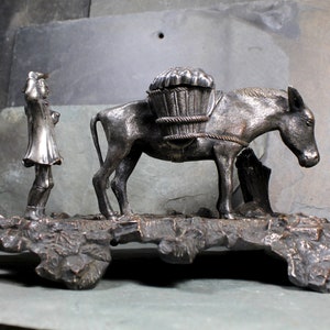 RARE Antique Inkwell Bronze & Silver Inkwell/Stand Mule Ink Well w/Silver Saddle and Market Goods Man Herding Donkey Silver Saddlebags image 1