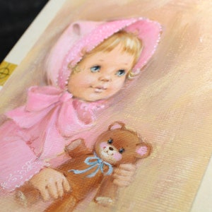 VERY RARE ORIGINAL Gouache Painting by Artist Fran Ju 1960s Original Rust Craft Greeting Card Art Baby in Pink with Teddy Bear image 7
