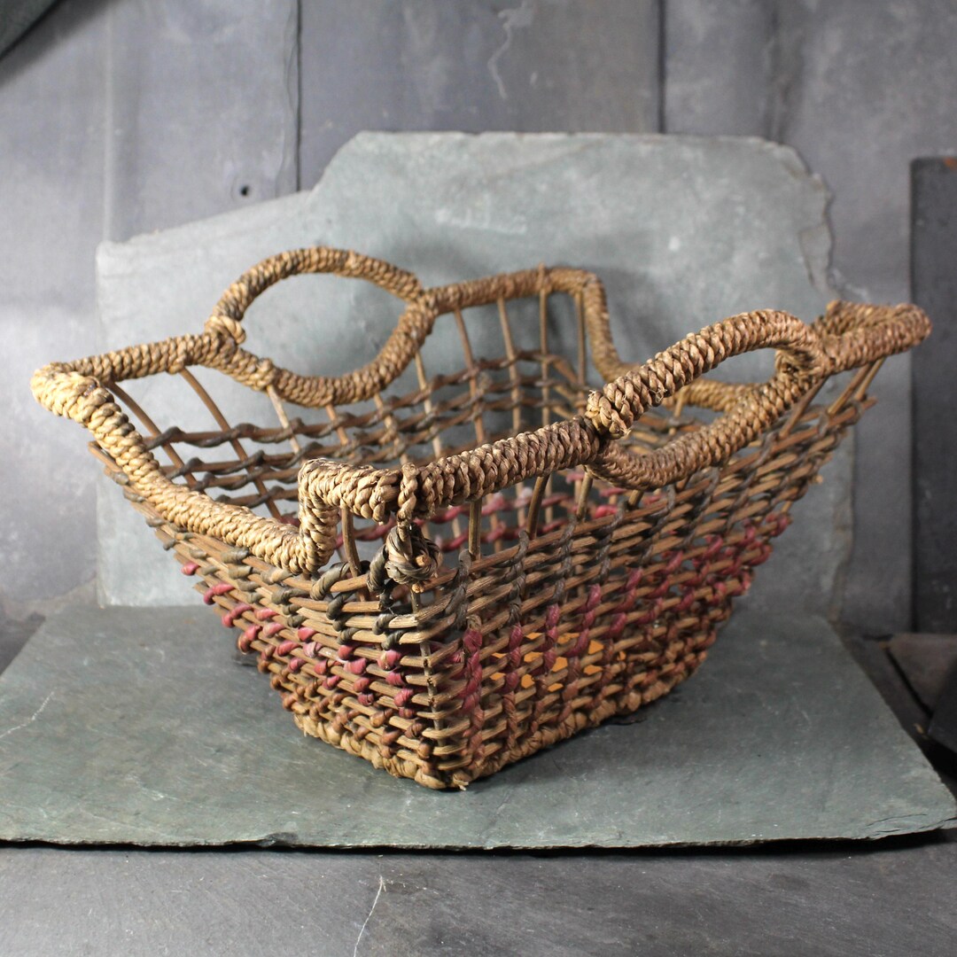 Rustic Rope Baskets Vintage Woven Basket With Rope Handles: Rustic Cottagecore Decor - Etsy