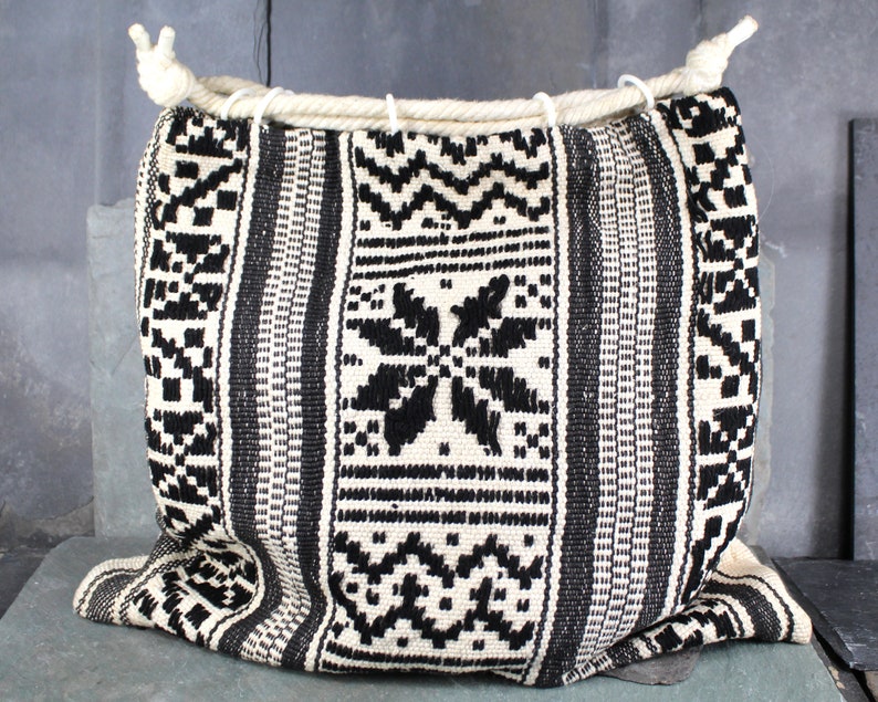 Black & White Woven Beach Tote Bag 1970s BoHo Chic Tote Bag Bixley Shop image 1