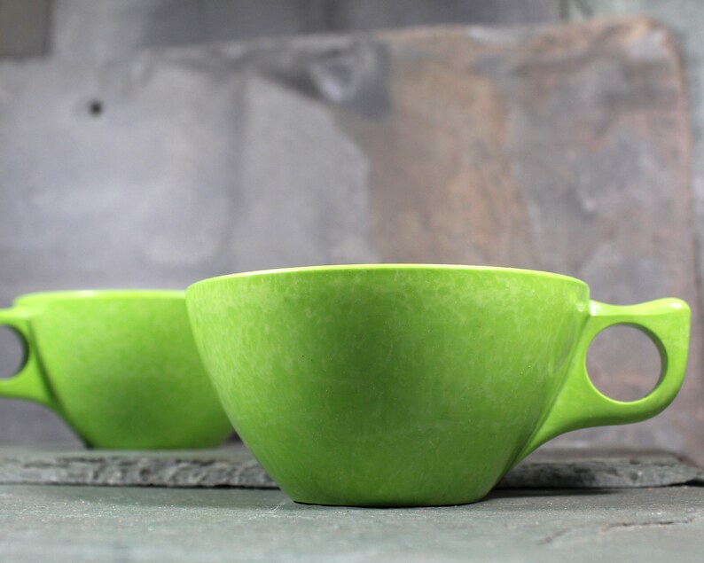 Set of 2 Mid-Century Melmac Cups in Celery Green Color-Flyte Bright Green Cups Bixley Shop image 2