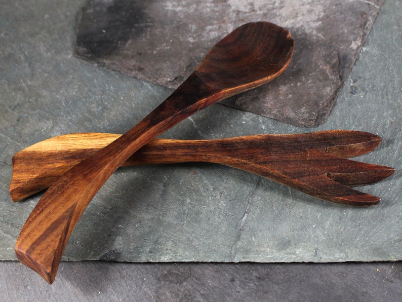 Mid-Century Solid Wood Serving Fork and Spoon Possibly Walnut Vintage Table Bixley Shop image 2