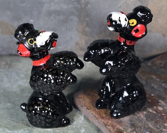 Set of 2 Black Poodle Figurines | Vintage Mid-Century Ceramic Poodles | Sitting Up Pose | Circa 1950s | Made in Japan | Puppy Love