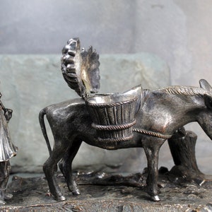 RARE Antique Inkwell Bronze & Silver Inkwell/Stand Mule Ink Well w/Silver Saddle and Market Goods Man Herding Donkey Silver Saddlebags image 4