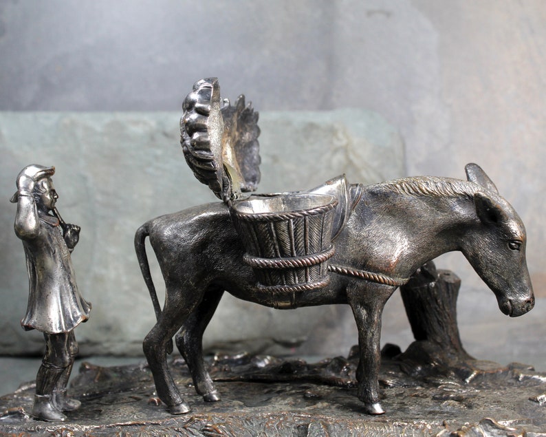 RARE Antique Inkwell Bronze & Silver Inkwell/Stand Mule Ink Well w/Silver Saddle and Market Goods Man Herding Donkey Silver Saddlebags image 4