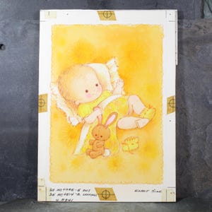 SEHR SELTEN! ORIGINAL Gouache-Malerei von Künstler Fran Ju | 1960er Jahre Original Rost Grußkarte Kunst | Baby in Gelb mit Häschen