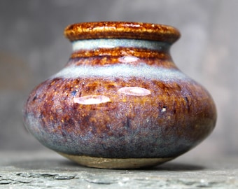 Mini Stoneware Vase - Hand Glazed Brown and Pale Blue Glaze - Rough Base - Folk Art Stoneware | Bixley Shop