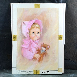 VERY RARE ORIGINAL Gouache Painting by Artist Fran Ju 1960s Original Rust Craft Greeting Card Art Baby in Pink with Teddy Bear image 2
