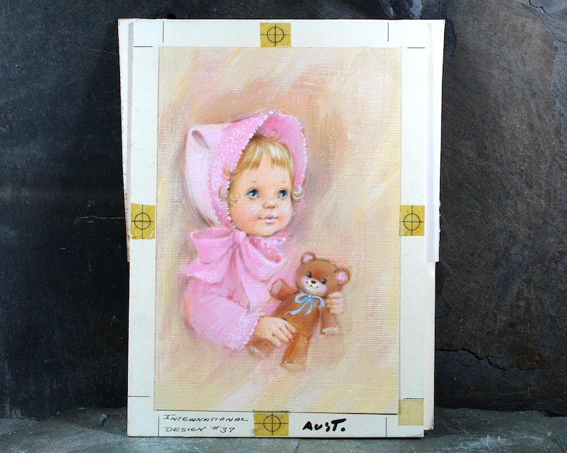 VERY RARE ORIGINAL Gouache Painting by Artist Fran Ju 1960s Original Rust Craft Greeting Card Art Baby in Pink with Teddy Bear image 2