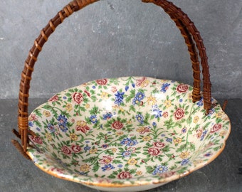 Antique Japanese Ceramic Bowl with Rattan Handle | Floral Porcelain Bowl with Wicker Handle | Bixley Shop