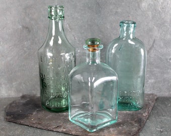 Set of 3 Antique Bottles | Pale Blue Green | Elliman's Royal Embrocation for Horses, Sawyer's Crystal Bluing & Italian Stoppered Bottle