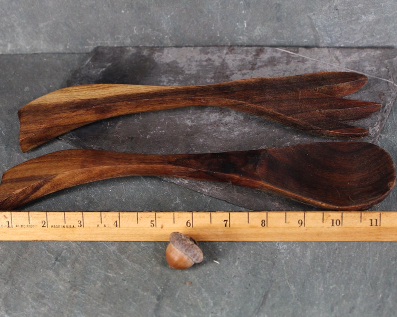 Mid-Century Solid Wood Serving Fork and Spoon Possibly Walnut Vintage Table Bixley Shop image 9
