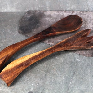 Mid-Century Solid Wood Serving Fork and Spoon Possibly Walnut Vintage Table Bixley Shop image 3