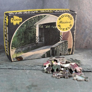 Zabytkowa, gruba, blokująca, miniaturowa układanka Tuco | Most kryty | 58-elementowa, okrągła, tekturowa układanka o średnicy 6 cali | Bixley Shop